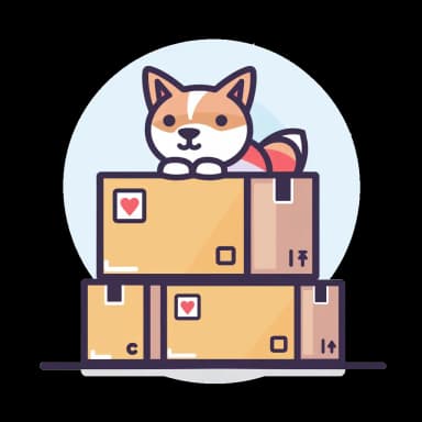 A pile of boxes with a Shiba Inu sitting on top.