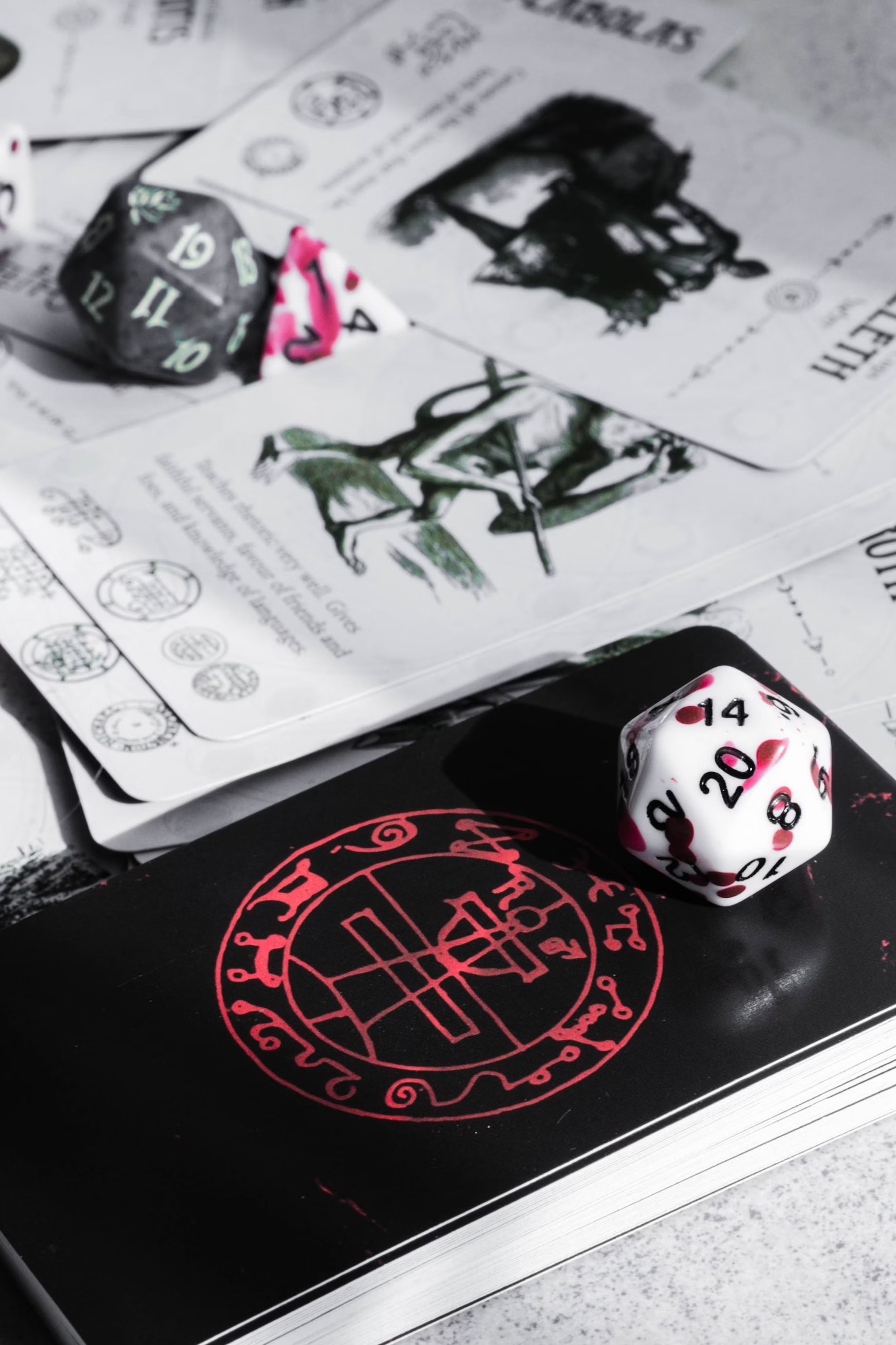 Array of role-playing character cards and dice.